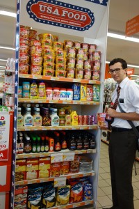 USA Food in a local Tràpani grocery store. Anziano LaPray has already picked out some pancake syrup.