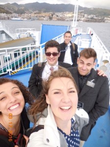 Our travel group, leaving Sicily on the ferry, March 17, 2016. Note the train on the ferry in the background. Front, Sorella Holiday, Sorella Workman. Middle Anziano Cleveland and Anziano Raedelli. (Photo courtesy of Sorella Holiday's blog)
